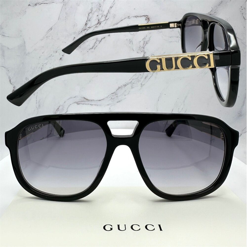 New GUCCI Sunglasses Black Acetate Pilot Aviator 58mm Navigator Gold Metal Logo - Picture 13 of 16